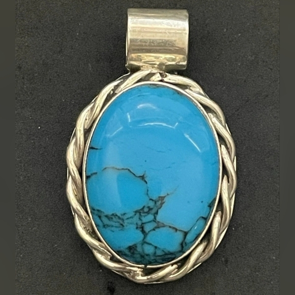 Taxco Turquoise & 925 Sterling Pendant. Mexican Silver Vintage 16.30G Signed. - Picture 1 of 4